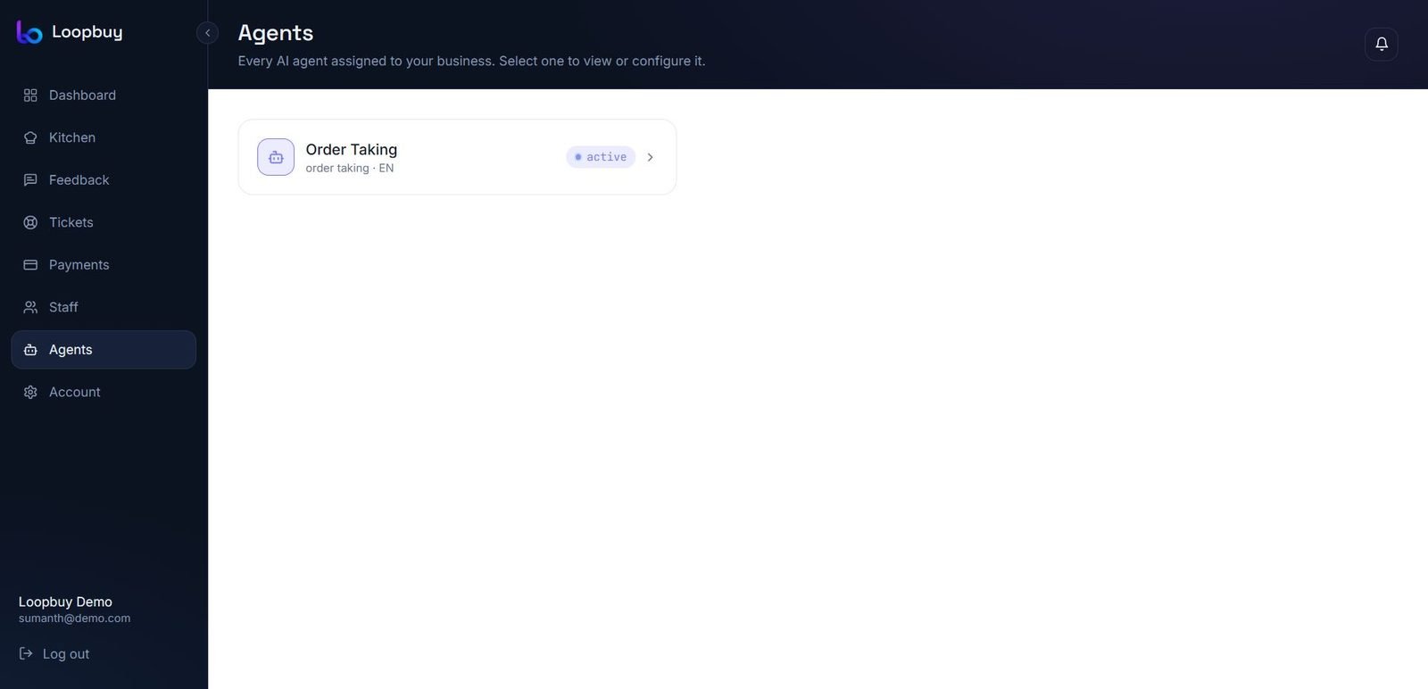 Loopbuy agents list showing the AI agents assigned to a business