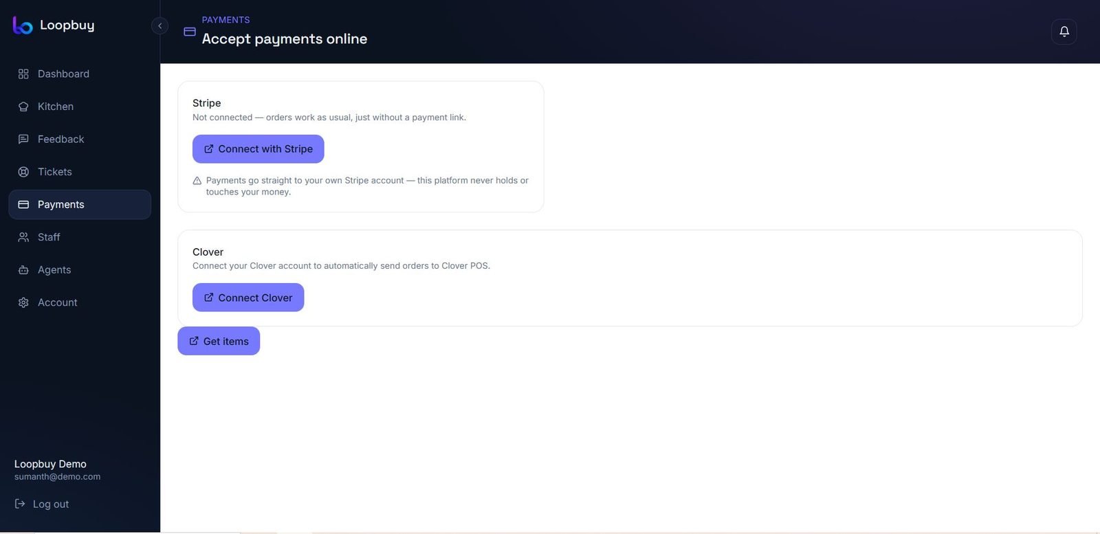 Loopbuy payments page for connecting Stripe and Clover to accept payments online